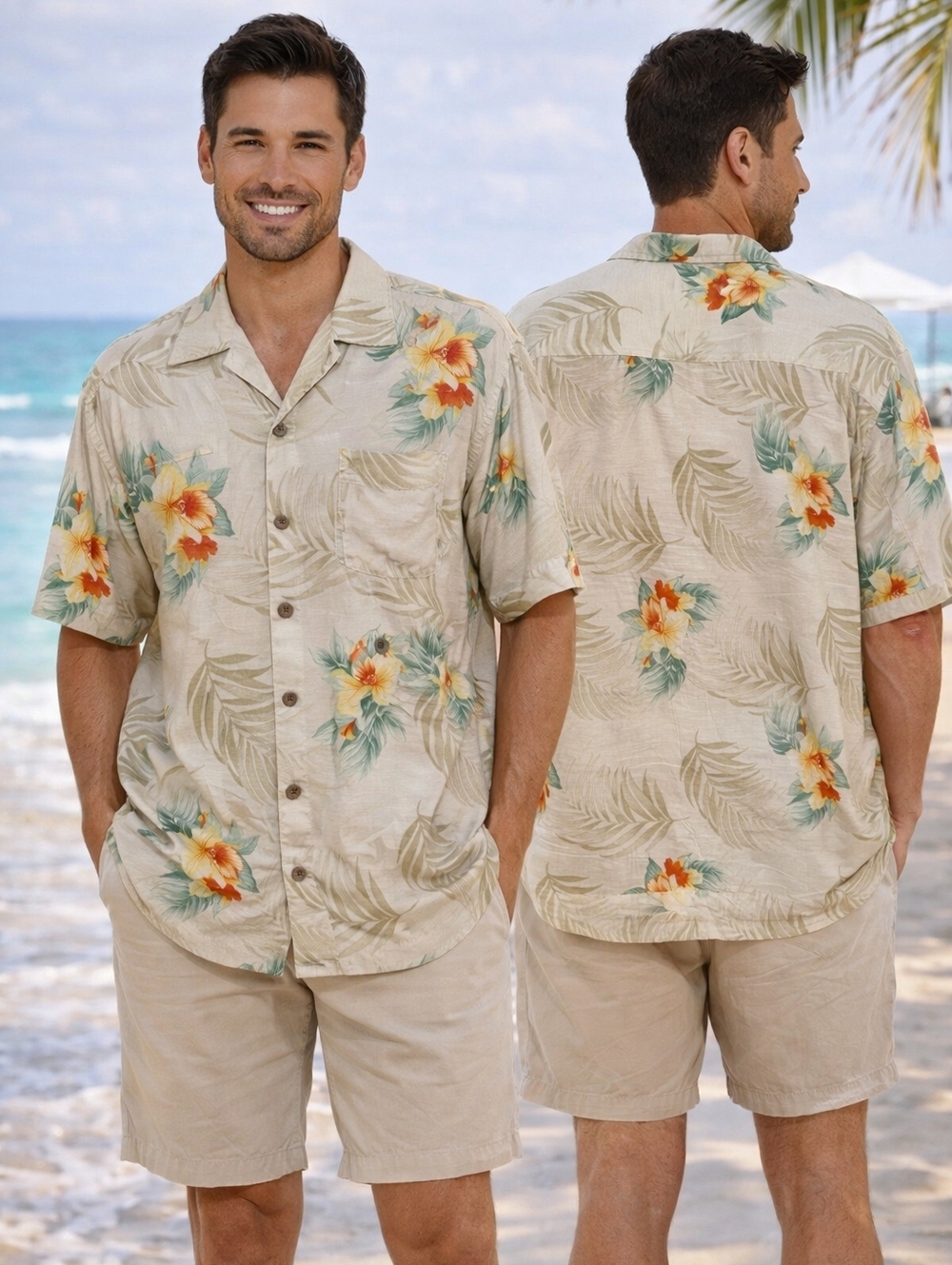 TOMMY BAHAMA Camp Shirt Mens Large Beige Green 100% Silk Hawaiian Island Resort